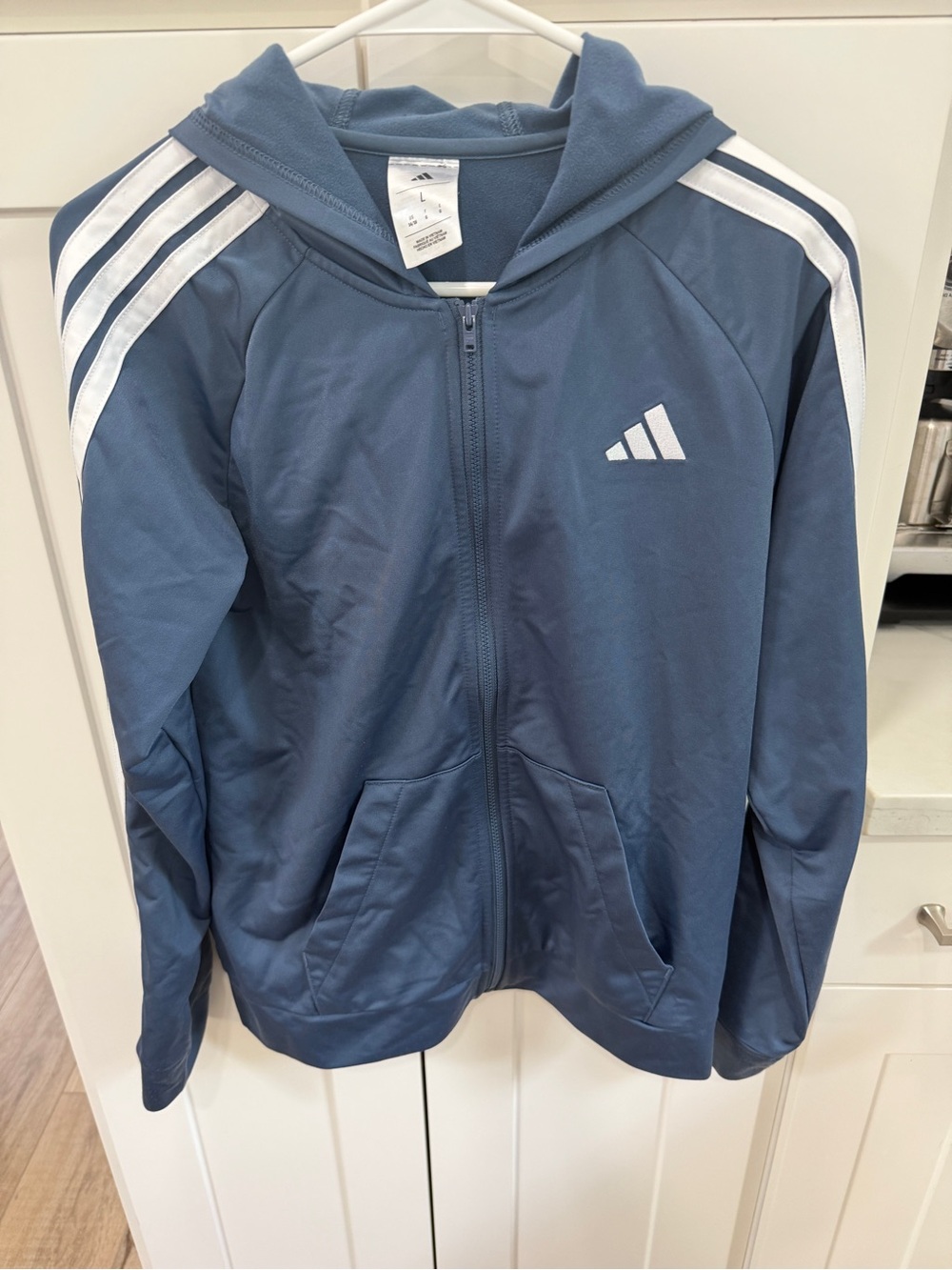 adidas Kids Blue Hooded Track Jacket with White Stripes